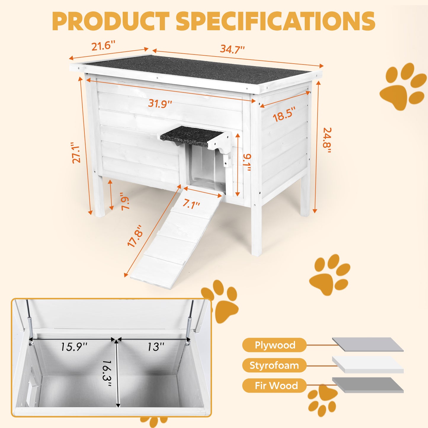 Outdoor Insulated Cat House, Winter Shelter, White