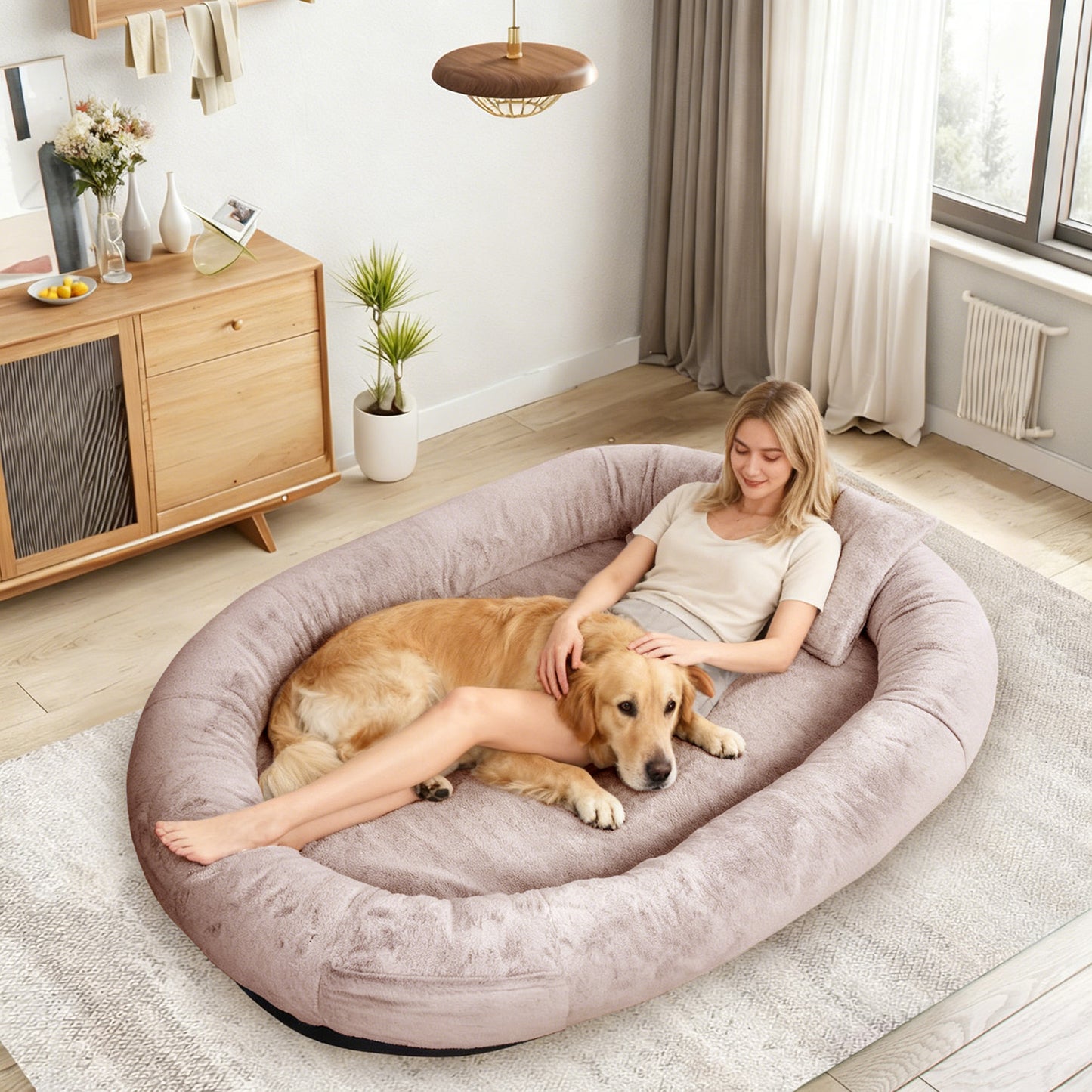 Oversize Faux Fur Dog Bean Bag Bed, 71"x45", Camel