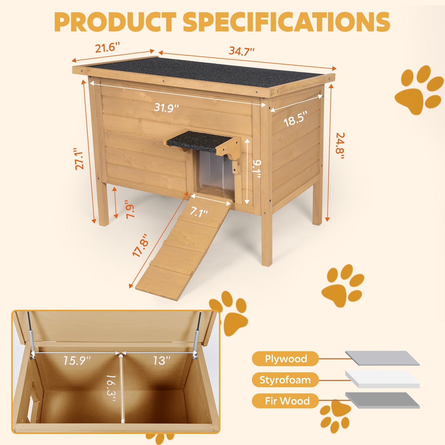 Outdoor Insulated Cat House, Winter Shelter, Brown