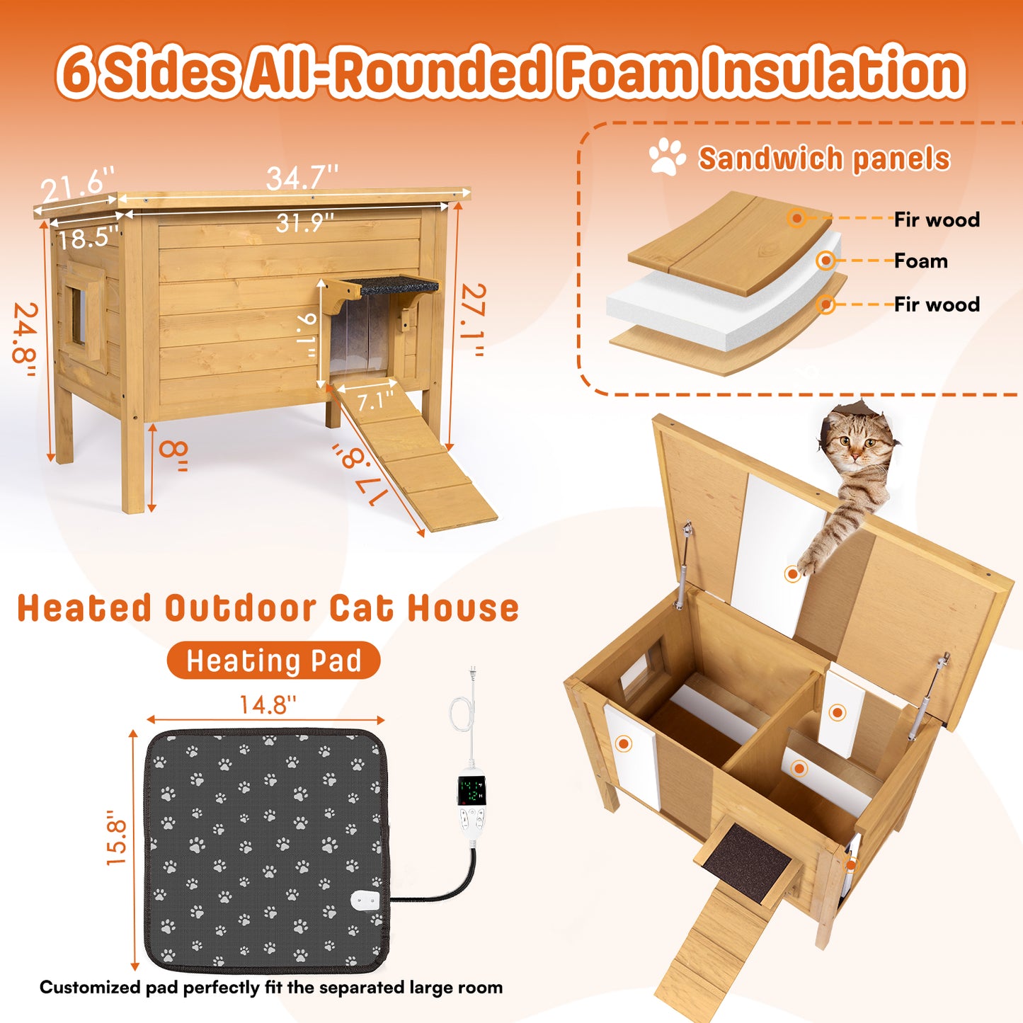 Outdoor Heated Cat House, Winter Shelter, Brown