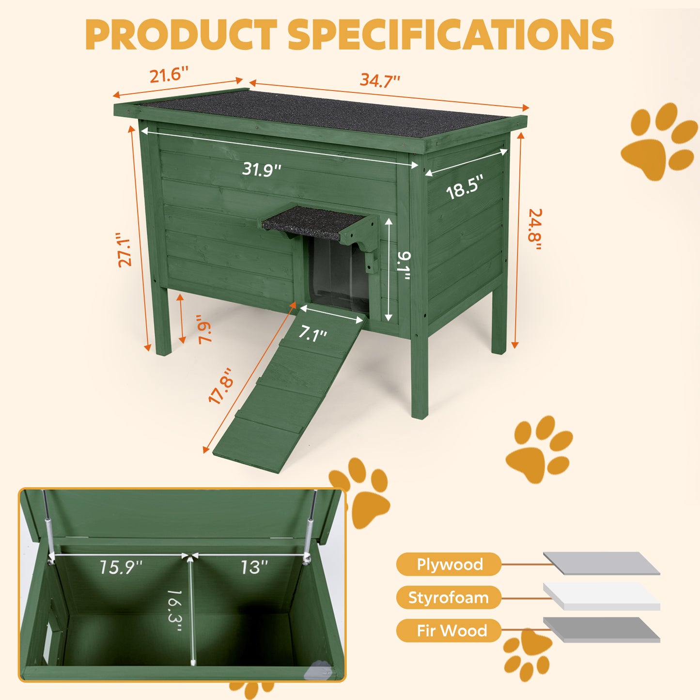 Outdoor Insulated Cat House, Winter Shelter, Green