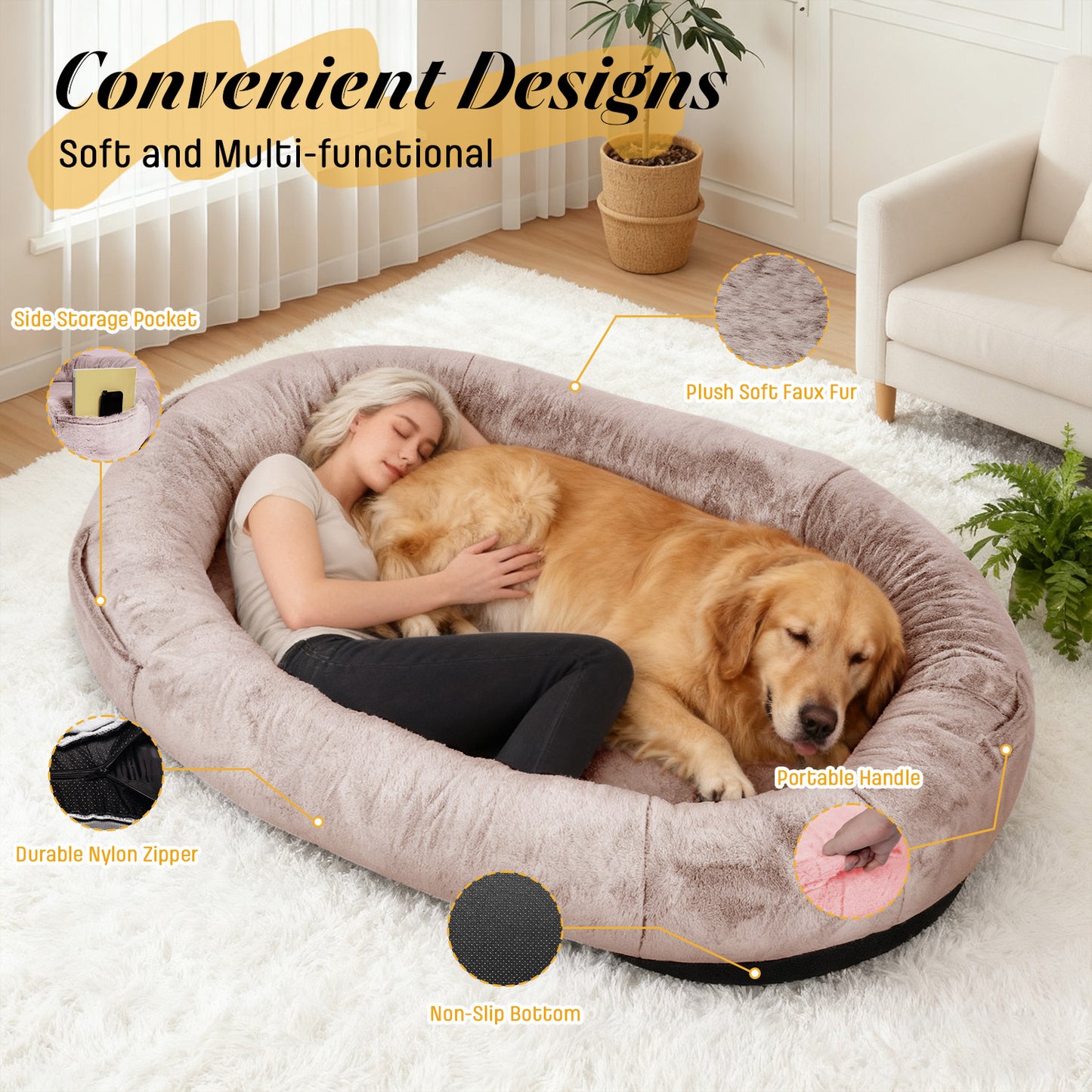 Oversize Faux Fur Dog Bean Bag Bed, 71"x45", Camel