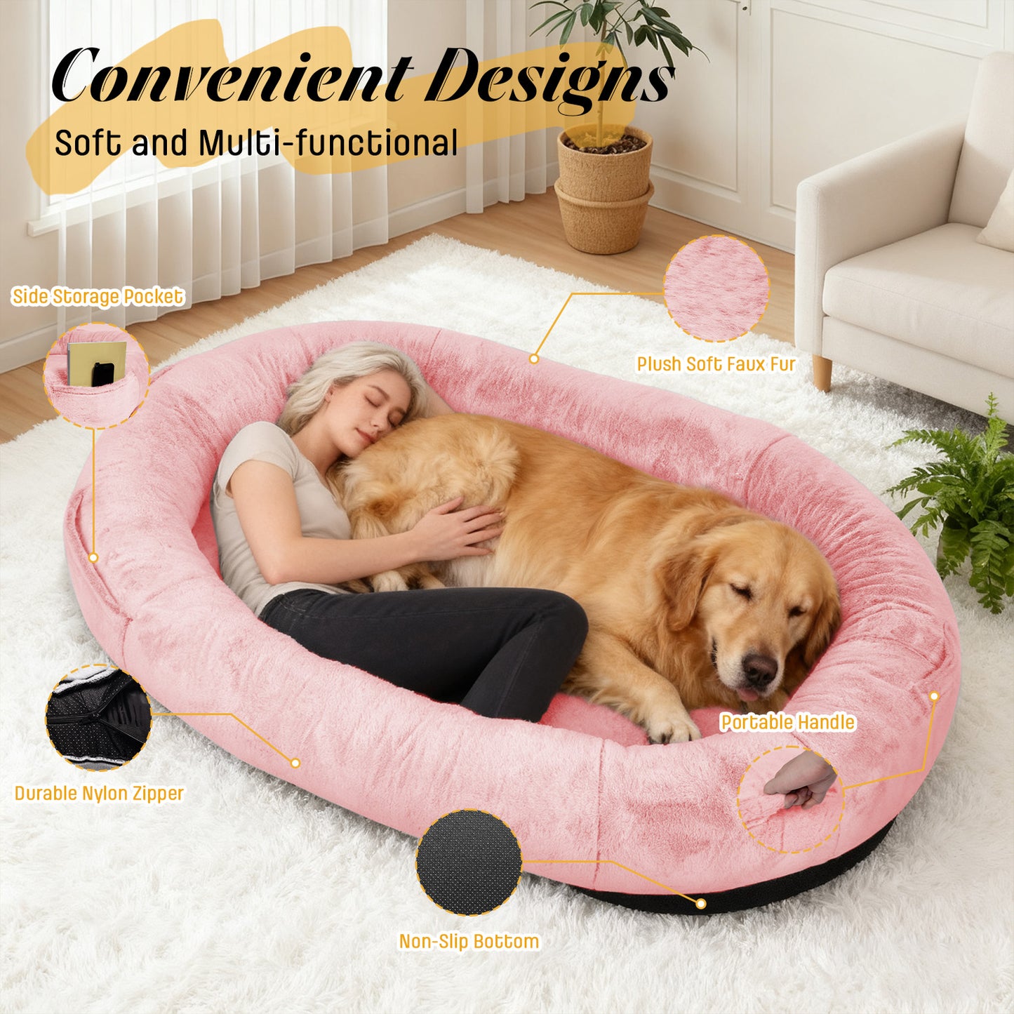 Oversize Faux Fur Dog Bean Bag Bed, 71"x45", Pink
