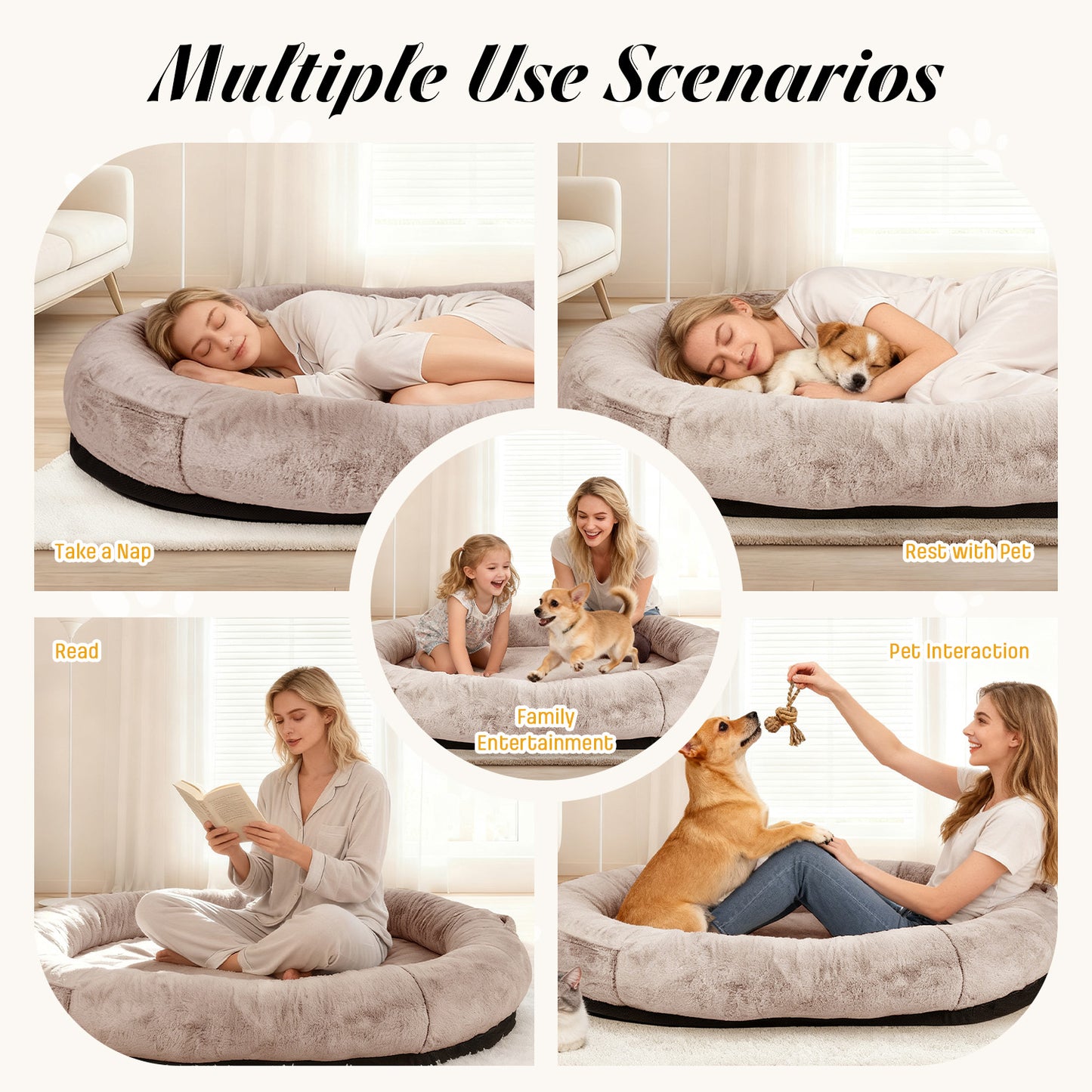 Oversize Faux Fur Dog Bean Bag Bed, 71"x45", Camel