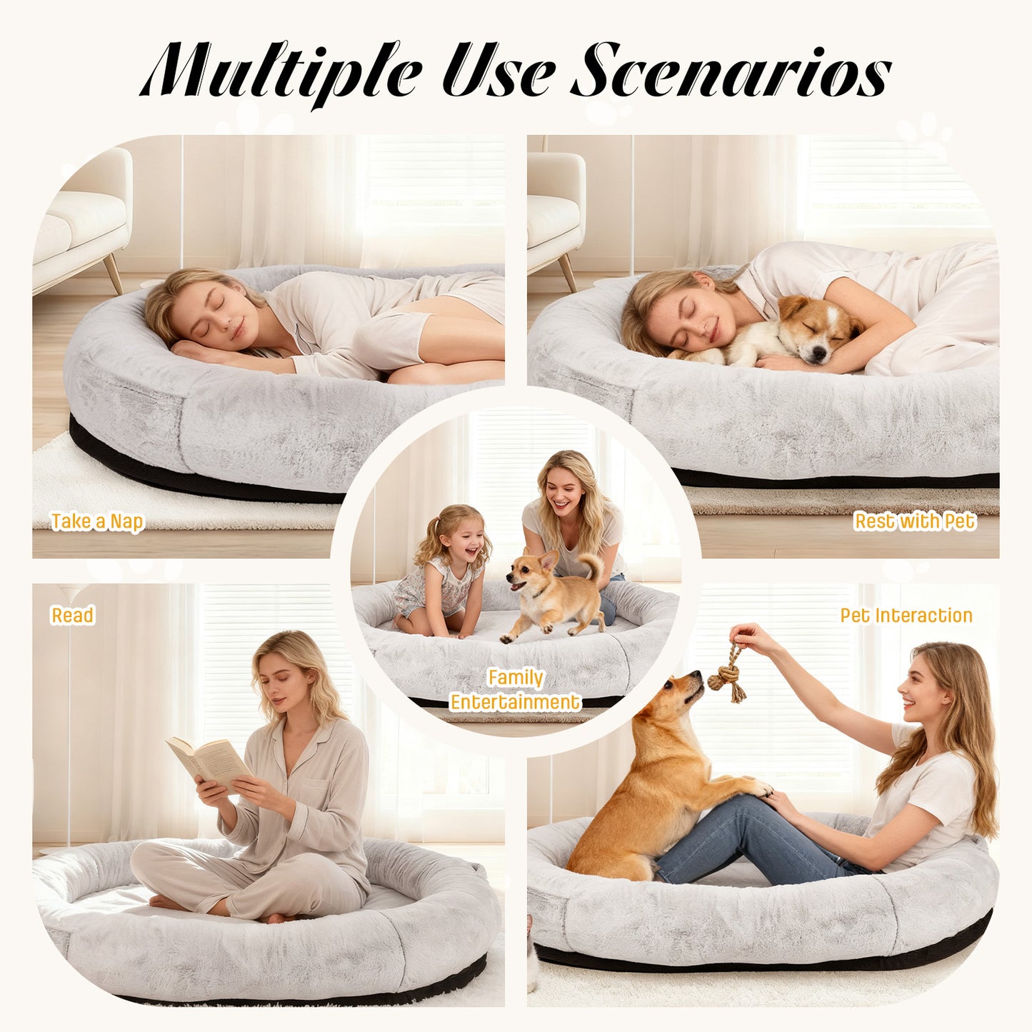 Oversize Faux Fur Dog Bean Bag Bed, 71"x45", Grey
