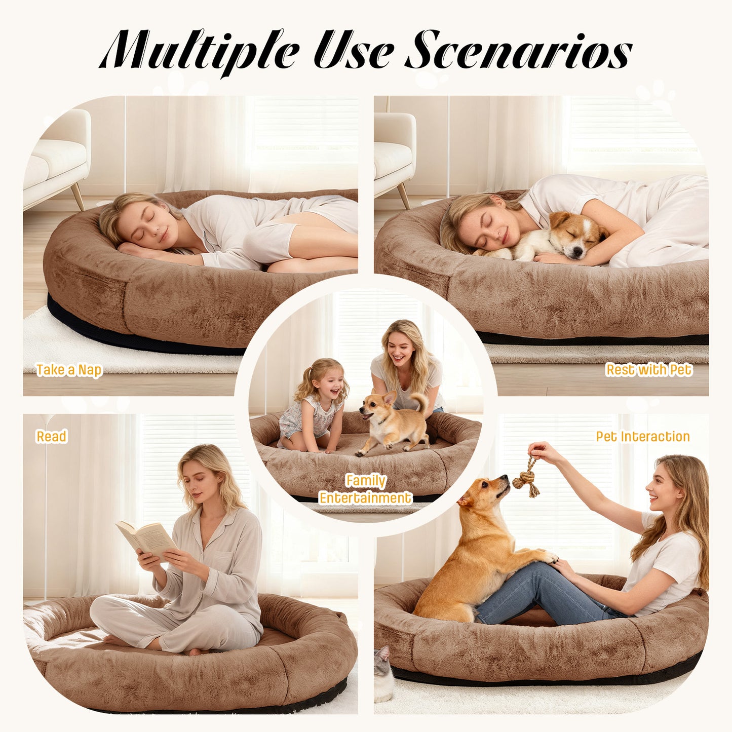 Oversize Faux Fur Dog Bean Bag Bed, 71"x45", Brown