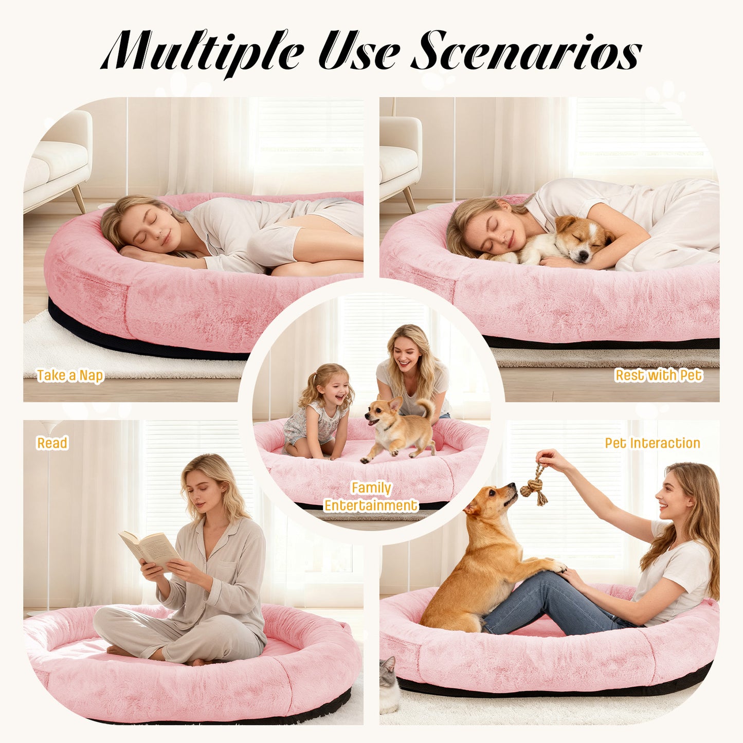 Oversize Faux Fur Dog Bean Bag Bed, 71"x45", Pink