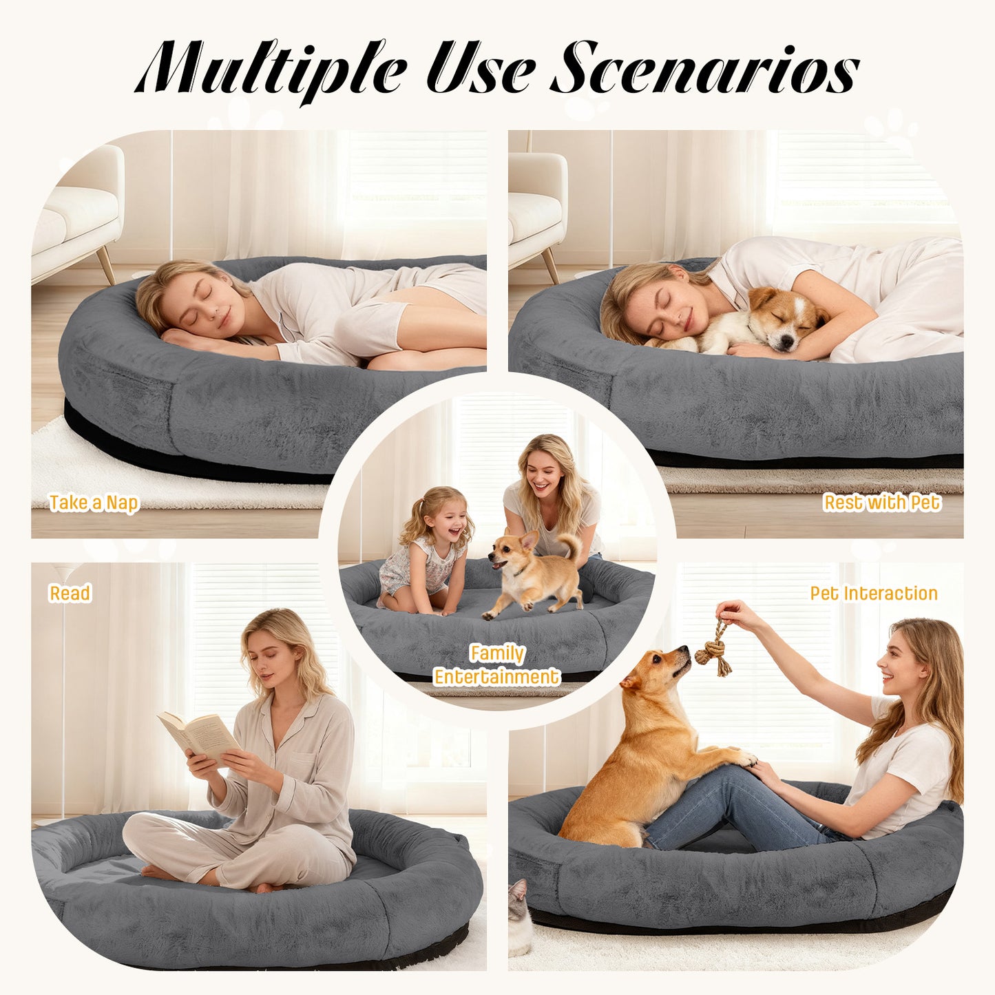 Oversize Faux Fur Dog Bean Bag Bed, 71"x45", Dark Grey
