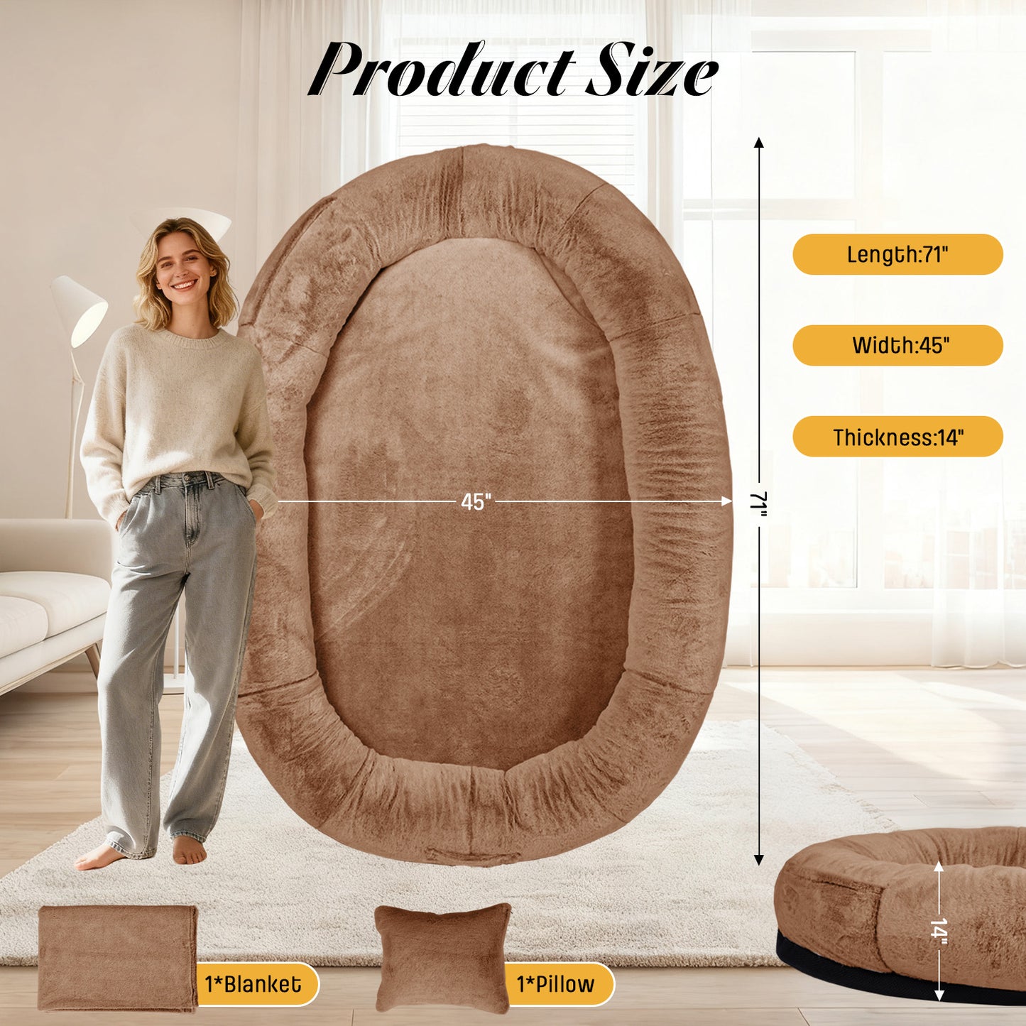 Oversize Faux Fur Dog Bean Bag Bed, 71"x45", Brown