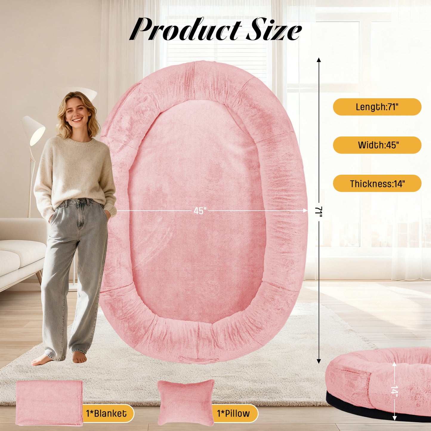 Oversize Faux Fur Dog Bean Bag Bed, 71"x45", Pink