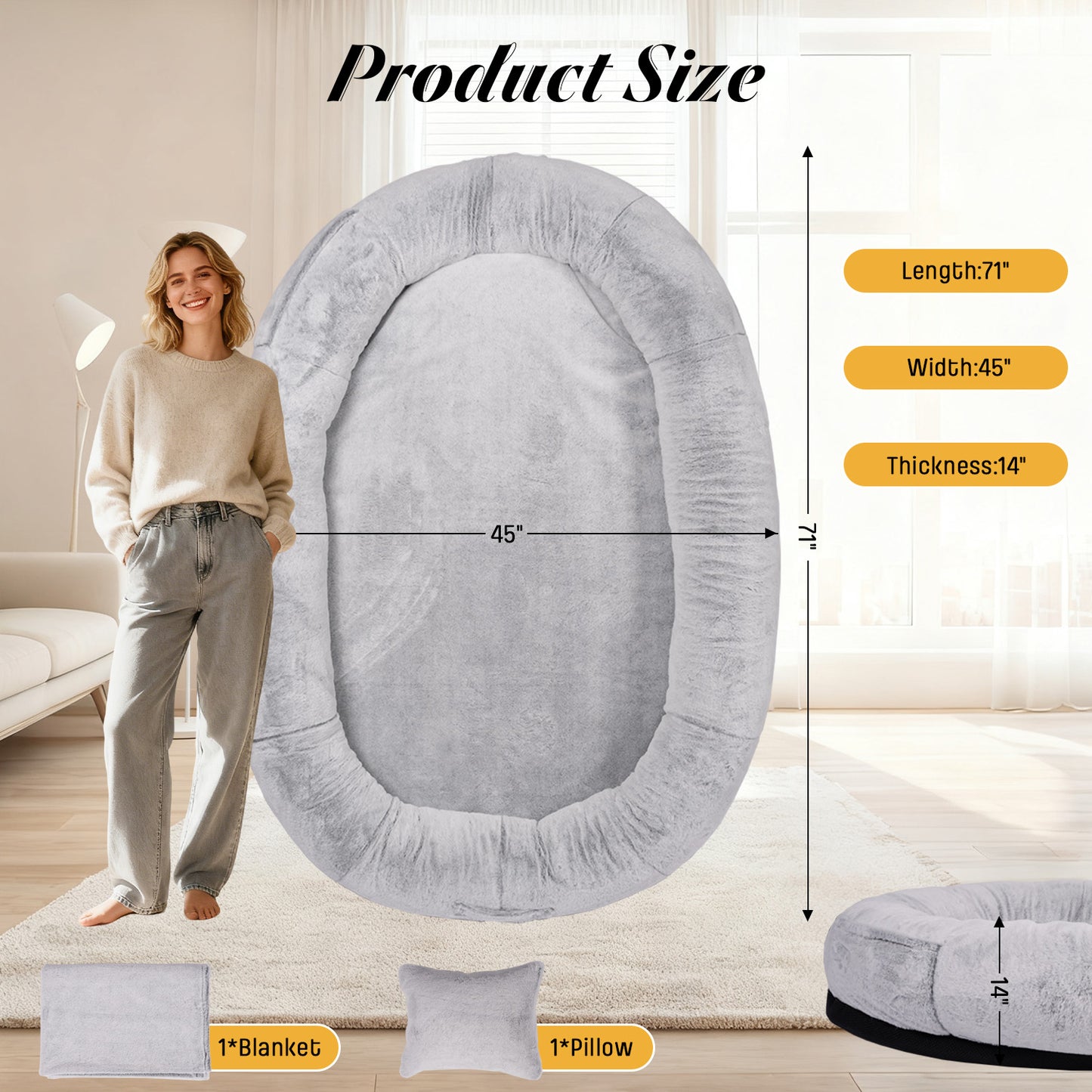 Oversize Faux Fur Dog Bean Bag Bed, 71"x45", Grey