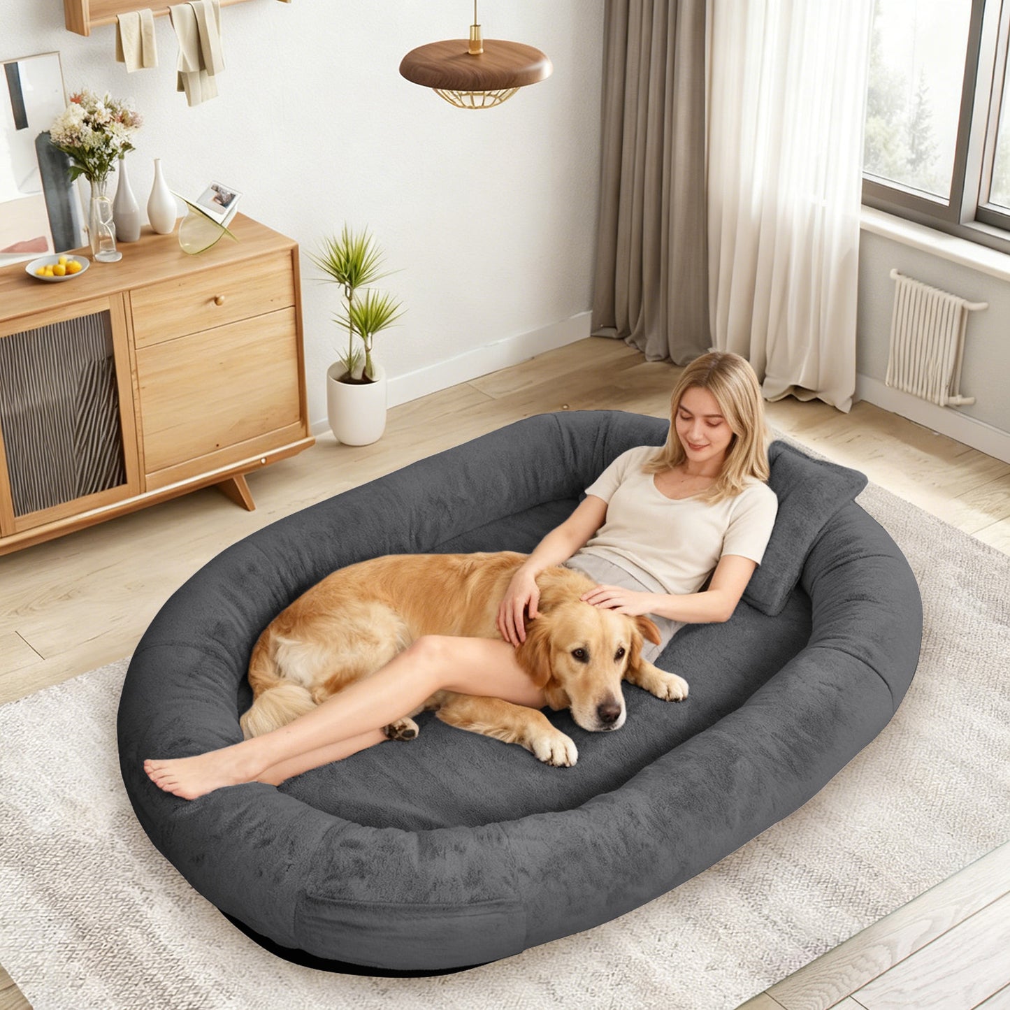 Oversize Faux Fur Dog Bean Bag Bed, 71"x45", Dark Grey